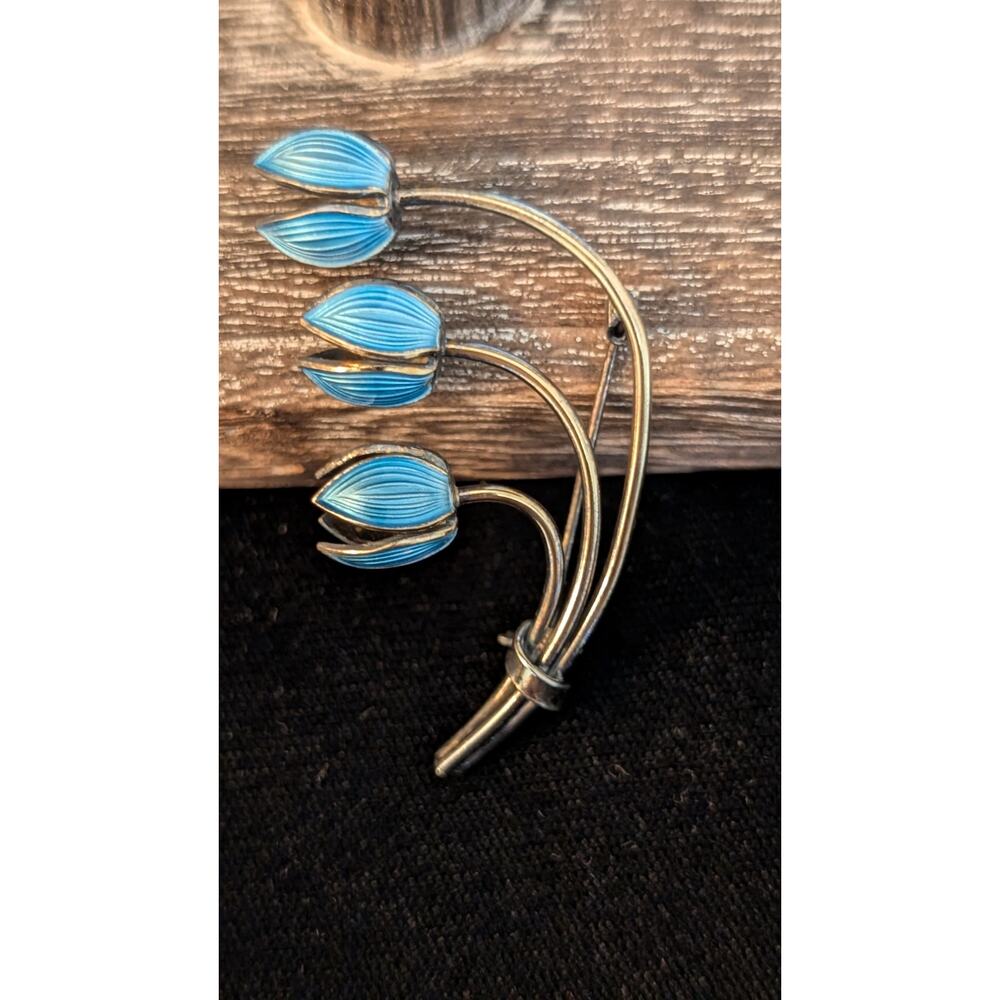VTG Mid Century Norway 925 Silver 3 Blue Lily Of The Valley Enamel Brooch/Pin - Picture 2 of 8